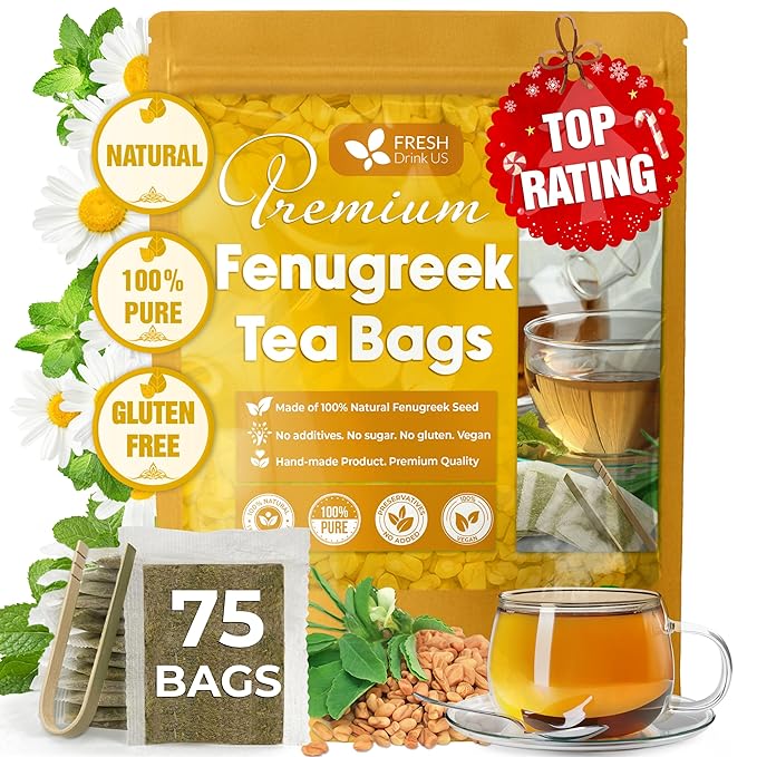FreshDrinkUS, Premium 75 Fenugreek Tea Bags, 100% Natural & Pure from Fenugreek. Fenugreek Herbal Tea. Made with Natural Material Tea Bags. No Sugar, No Caffeine, No Gluten, Vegan.