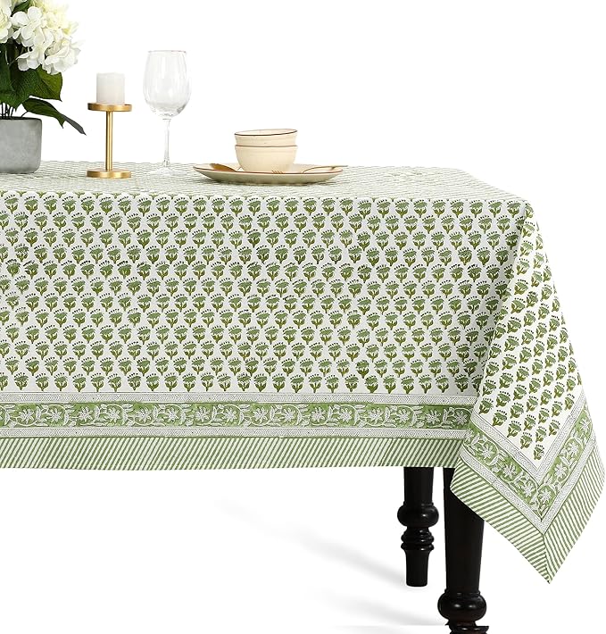 CPC Tablecloth 100% Cotton 70x118 Inch Indian Block Print Rectangle Table Cover, Table Cloth for Weddings, Spring/Summer, Barbeque - Emerald Green