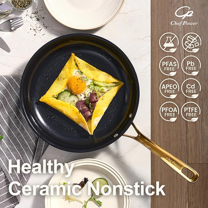 Chef Power Ceramic Frying Pan with Stainless Steel handle 5Pcs Set, Non-toxic Non Stick Grill Pan Set, Induction, Dishwasher and Oven Safe, Stone Black & Light Gold Handle, 8'', 9'', 11'' Skillet