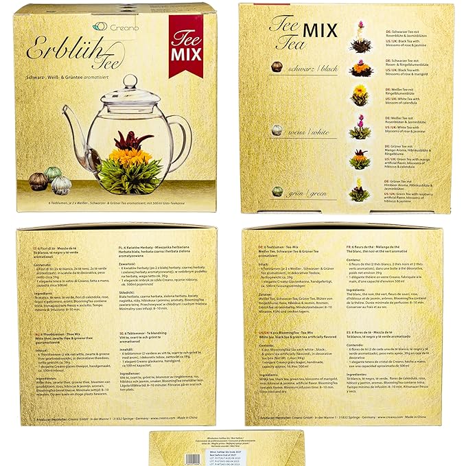 Creano Tea Flowers Mix Golden Gift Set Blooming Tea with Glass Teapot White, Green & Black Tea in 6 Varieties Tea Flower Blooming Tea Gift for Women