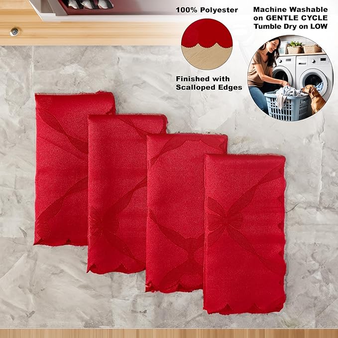 Newbridge Valentines Day Square Napkin, Set of 4 Napkins, Ribbons and Bows Damask, Wrinkle and Stain Resistant Square Napkins, Holiday Red