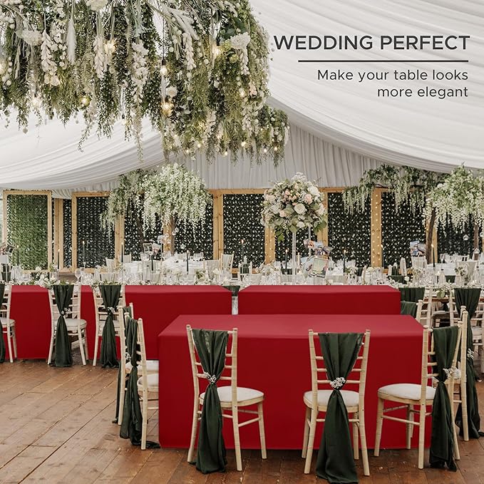 HolidayIdeas 4-Pack Red Fitted Table Cloths for 6 Foot Tables, Water Repellent Rectangle Table Covers for Valentine's Day Decor, Mother's Day, Wedding, Anniversary, and Party Celebration