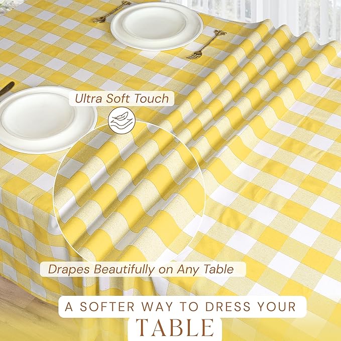Lemon Yellow and White Buffalo Check Tablecloth, 52x70 Inches, Plaid Dining Table Cover, 100% Cotton, Washable, Reusable Table Linen for Holiday Gatherings, Wedding and Everyday Décor
