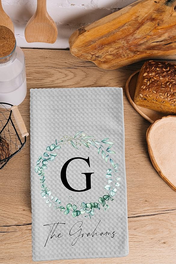 Personalized Kitchen Towel | Custom Tea Towel | Family Name Dish Towel | Kitchen Decor | Hand Towel | Housewarming Gift | Monogram Dishcloth (Wreath 1)