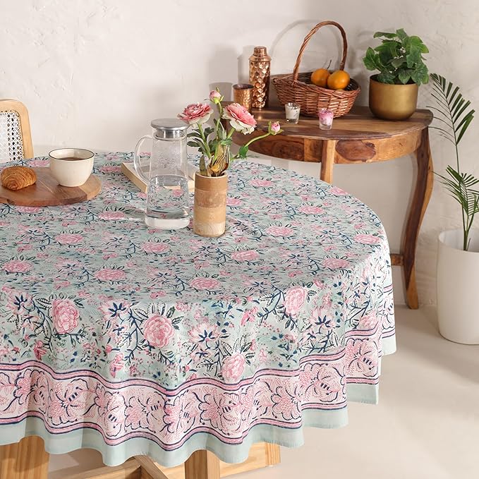 Hand Block Printed Table Cover - Exquisite Design, Premium Cotton Fabric, Perfect for Dining and Decor, Dining Table Linen(Mint Green,10 Seater 108 Inches Round)