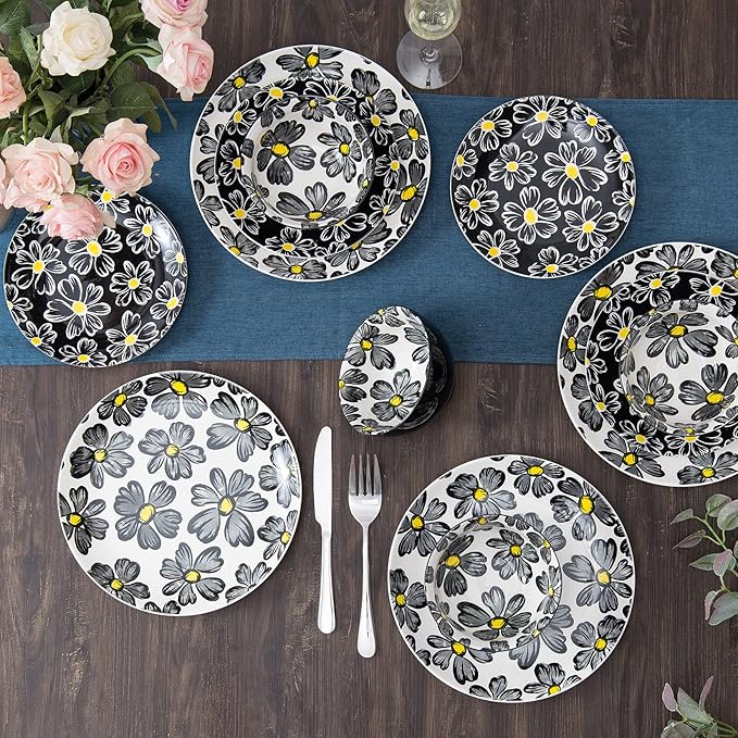 12-pieces Dinnerware Set Ceramic Dish Set Plates Sets Service for 4, Bowl Sets, Stoneware Dinnerware Sets, 12pcs Plate and Bowl Set for kitchen