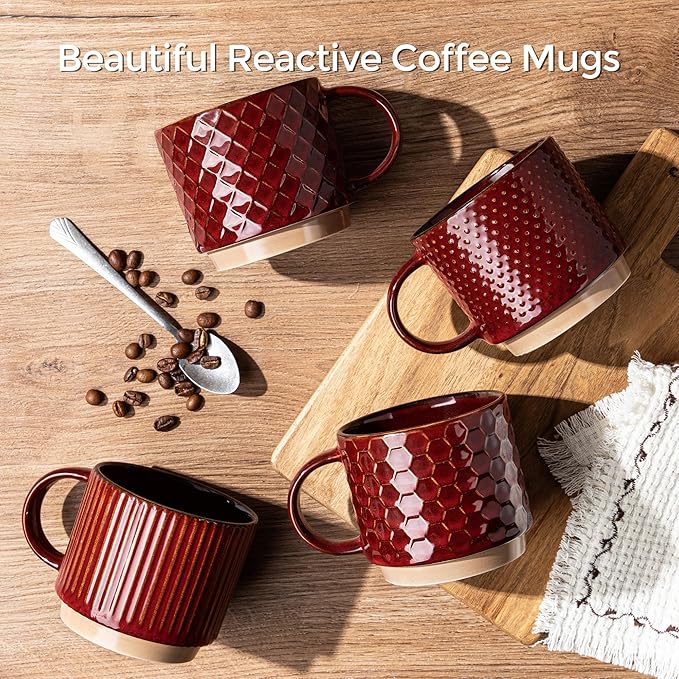 GBhome 12 OZ Stackable Coffee Mugs, Ceramic Coffee Mugs with Texture Patterns for Man,Woman,Dad,Mom, Modern Coffee Mugs Set of 4 for Latte/Cappuccino/Cocoa. Dishwasher&Microwave Safe