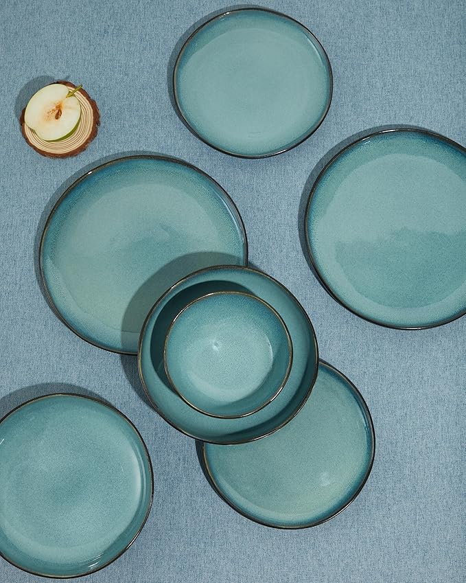 18 Piece Dinnerware Sets for 6, Green Black Reactive Glaze Stoneware | Irregular Artisan Style for Family Dinners, Weekend Gatherings | Scratch‑Resistant, Microwave & Dishwasher Safe