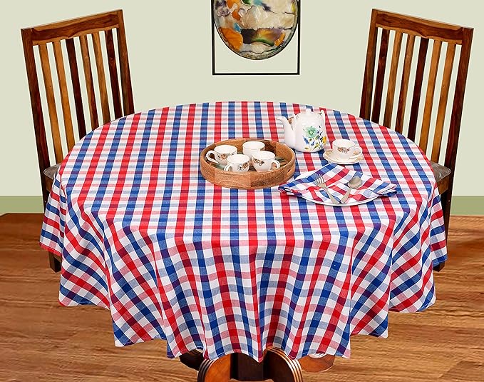Urban Villa Tablecloth Check Table Cloth Tabletop Cover Kitchen Dining Tablecloth 100% Cotton Great for Parties Wedding Holiday Dinner Red/Blue/White Round 70 Inches 4-6 Seats Table Cloth