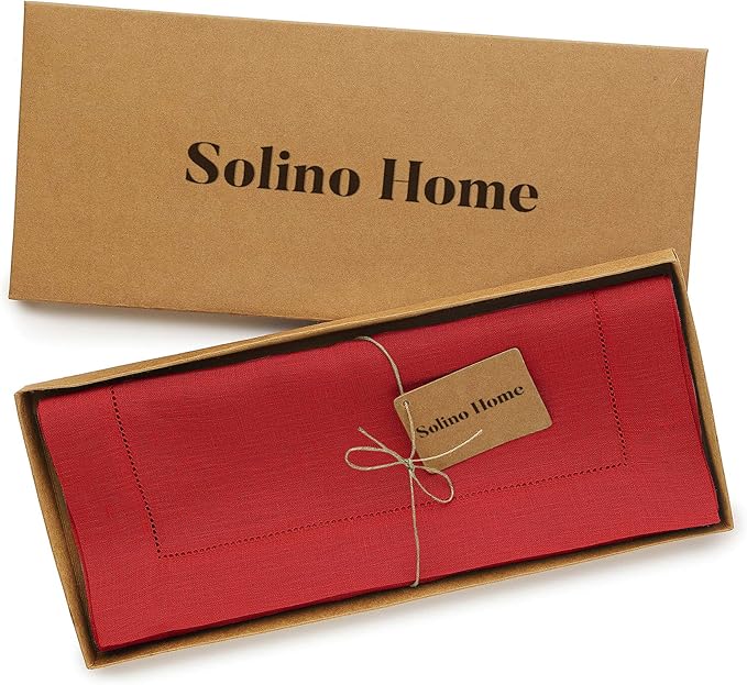 Solino Home Linen Red Table Runner 120 Inches Long - 100% Pure Linen 14 x 120 Inch Table Runner for Valentines, Winter - Classic Hemstitch