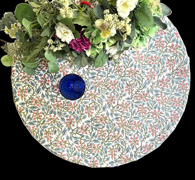 ATOSII Kalina 100% Cotton Round Tablecloth, Handblock Print Floral Table Cloth for Kitchen Dining Linen I Parties, Weddings, Outdoors, Christmas I Fall Home Decor 72" Inches Round