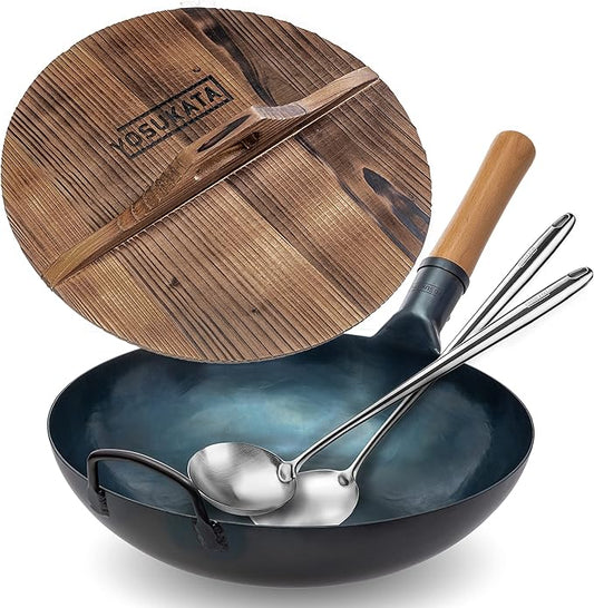 YOSUKATA 13.5” Blue Carbon Steel Wok Pan + 17’’ Spatula and Ladle + Premium Wok Cover 13.5 inch Pan Lid