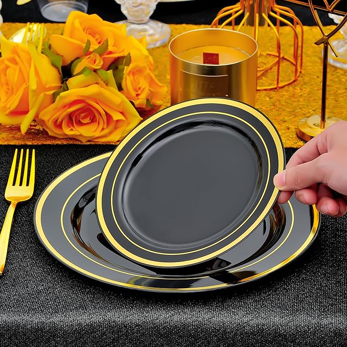 350 PCS Black and Gold Dinnerware Set for 50 Guests, Black Plastic Disposable Plates with Gold Rim for Party -50 Dinner Plates, 50 Dessert Plates, 150 Silverware Set,50 Napkins and 50 Cups