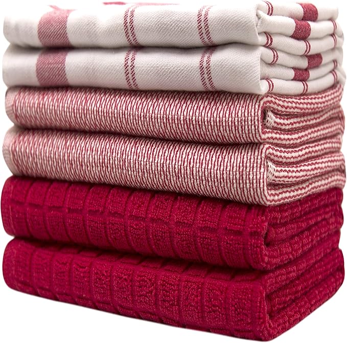 Premium Kitchen Towels (20”x 28”, 6 Pack) | Large Cotton Dish Towels | Flat & Terry Highly Absorbent Kitchen Linen Set with Hanging Loop | Red Check