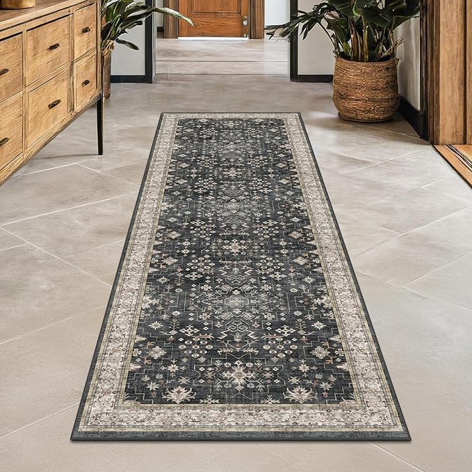 Black Boho Washable 2x6 Runner Rugs for Hallway Kitchen Bedroom Beside Laundry Room Bathroom Rug, Pet & Kids Friendly, Non Slip Low Pile Stain Resistant Soft Foldable Long 24 x 72 Floor Carpet