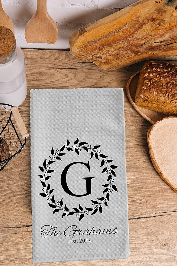 Personalized Kitchen Towel | Custom Tea Towel | Family Name Dish Towel | Kitchen Decor | Hand Towel | Housewarming Gift | Monogram Dishcloth (Wreath 1)