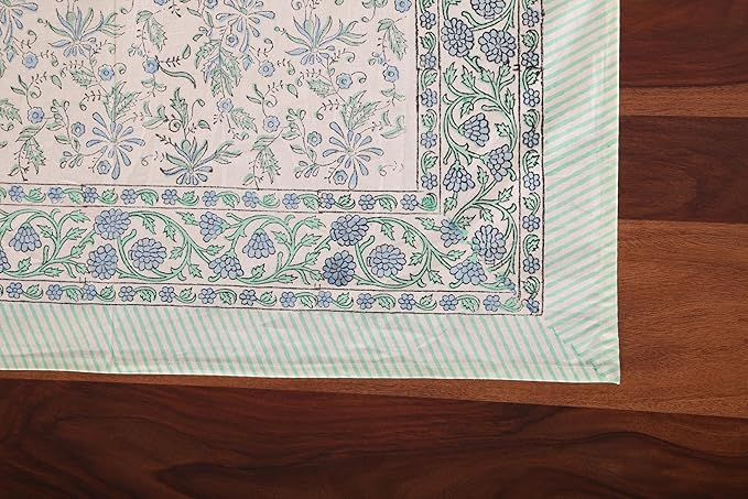 ATOSII Aster Blue 100% Cotton Rectangle Boho Fall Tablecloth, Handblock Floral Table Cloth Linen for Kitchen Dining I Parties Wedding Outdoors Christmas Thanksgiving I Fall Home Decor 60 X 108 Inches