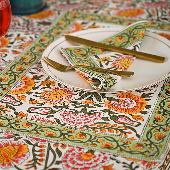 Hand Block Printed Cotton Tablecloth – Elegant Floral Design Perfect for Dining Table Kitchen Parties Home Decor, Wall Tapestry (Yellow Sunflower, 10 Seater 108 Inches Round)