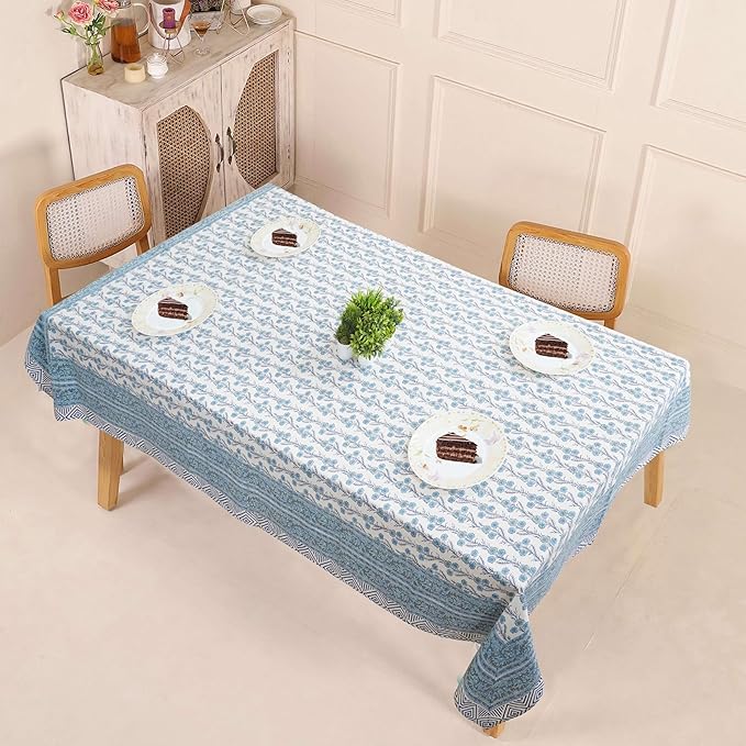 Handblock Print Cotton Tablecloth – 60x90 Rectangular Table Cover 6 Seats – Indian Block Printed Floral Dining Table Linen – Boho Washable Cloth for Kitchen, Party, Outdoor, Sky Blue