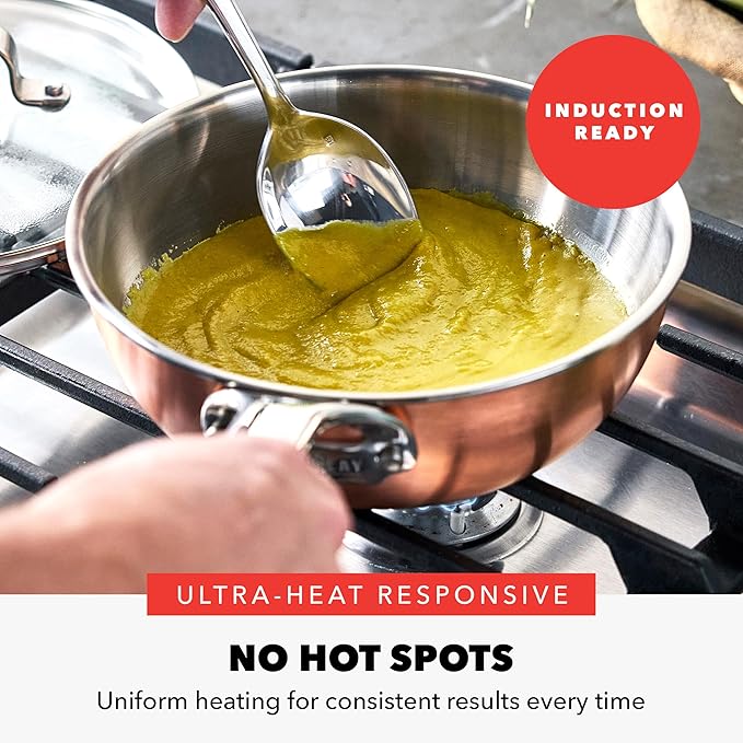 GreenPan x Bobby Flay 2QT Copper Clad Chef’s Pan with Lid, Induction Ready Sauce Pot, Measurement Markings, Stainless Steel Base & Interior, Oven Safe Saucepan to 500˚F