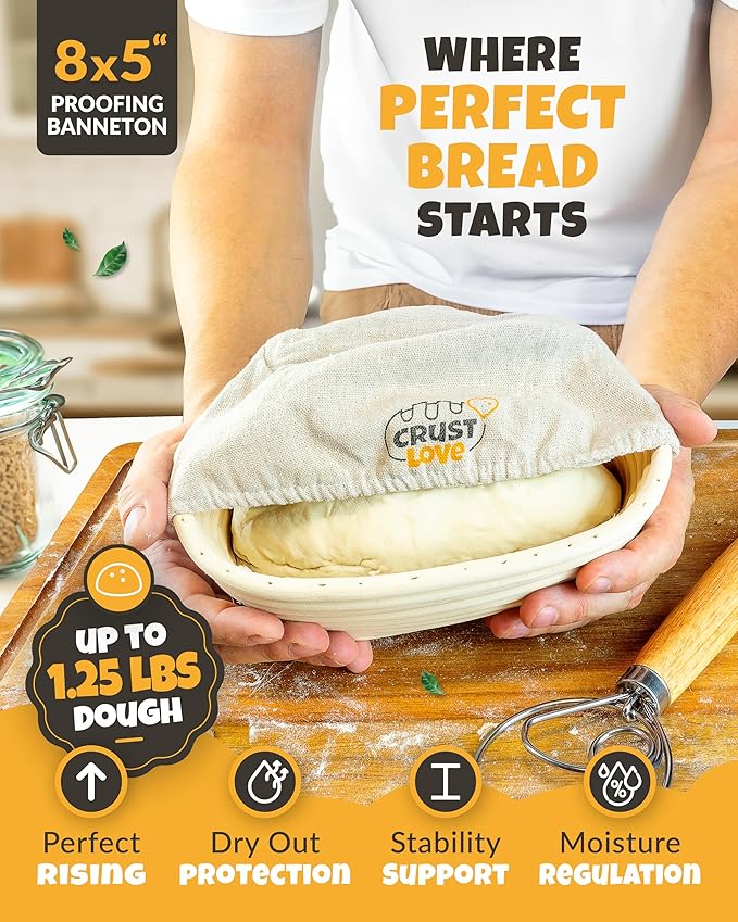 Loaf Pan for Bread Baking - incl. Sourdough Bread-Baking Supplies like Banneton Bread-Proofing Basket - 2QT Enameled Oval Cast Iron Dutch Oven, Bread-Oven, Sour Dough Bread-Banking-Pan Tools