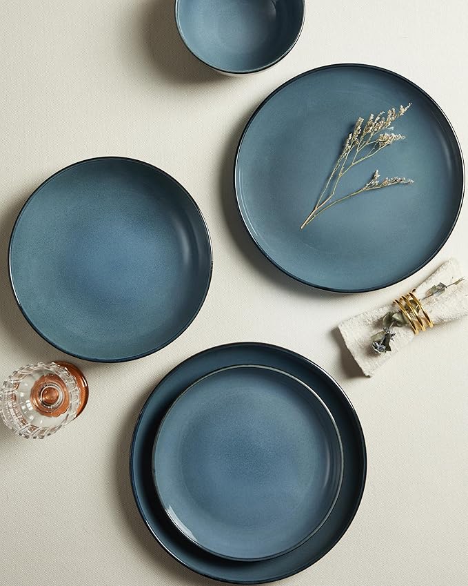 Santorini Mist Terracotta Reactive Glaze Plates and Bowls Sets, Stoneware Dinnerware Sets, Microwave and Dishwasher Safe Ceramic Dish Set Service for 4, Jeans Blue
