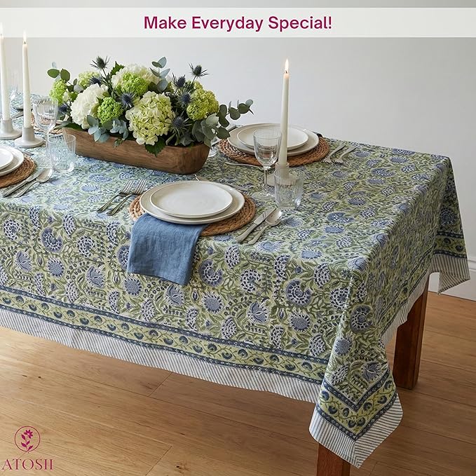 ATOSII Amara Green 100% Cotton Square Fall Tablecloth, Handblock Floral Print Linen Table Cloth for Kitchen Dining I Weddings, Outdoors, Parties, Easter I Fall Decor 60 X 60 Inches I 4 Seater