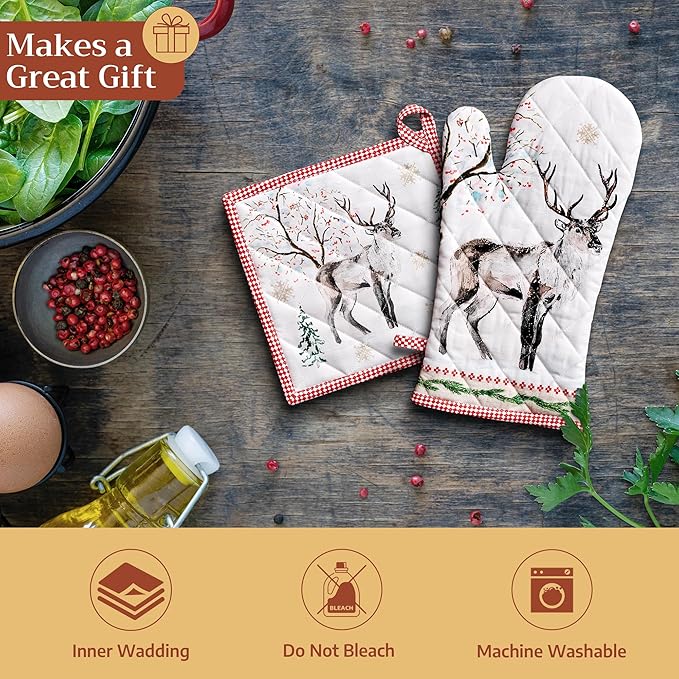 Maison d' Hermine Pot Holders Set 100% Cotton Heat Resistant Potholders 8" x 8" Hot Pads with Loop for Thanksgiving Christmas Decorations BBQ Baking Handling Hot Pans (Pack of 2, Rural Christmas)