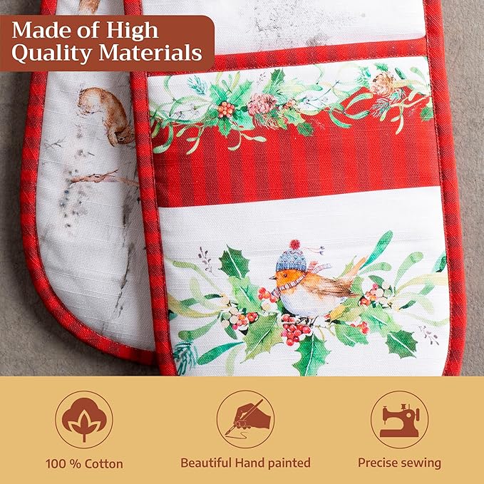 Maison d' Hermine Oven Gloves 100% Cotton Oven Mitt 7" x 13" with Loop Heat Resistant Cooking Gloves for Thanksgiving Christmas Decorations Baking Handling Hot Pans (Pack of 1, Christmas Tradition)