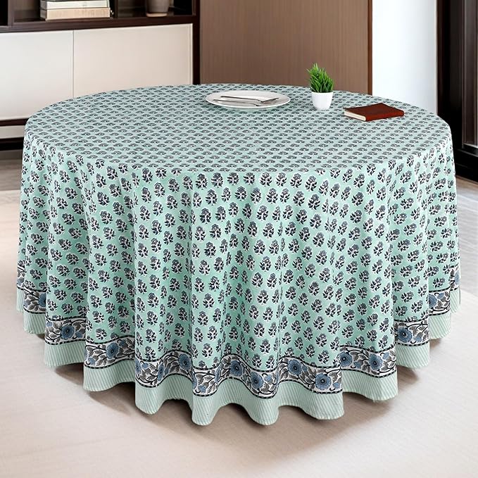 CPC Round Tablecloth- Cotton Indian Block Print Tablecloth -Handmade Printed Washable Cotton Table Cloth - Spring/Summer, Wedding Table Cover - Poppy Blue 90 Inches