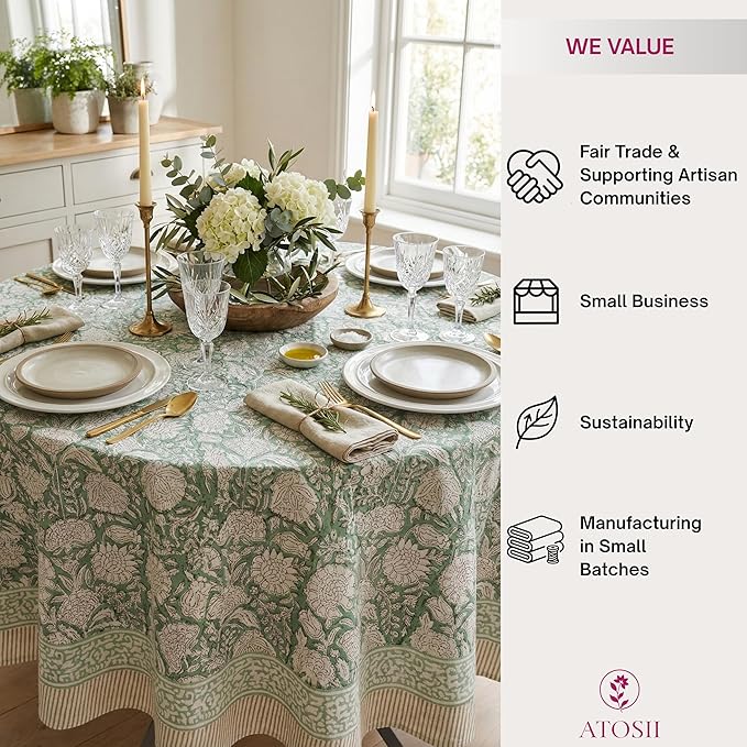 ATOSII Jade 100% Cotton Boho Round Tablecloth, Block Print Floral Table Cloth Linen for Dining, Parties, Weddings, Outdoors I Table Decor I 60" Inches Round