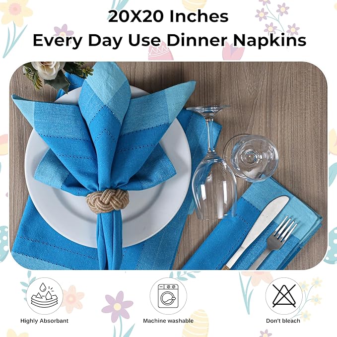 Homidate Cotton Cloth Napkins Set of 12 – 20x20 Blue Multi Double Hemstitched – Machine Washable Dinner Napkins for Weddings, Parties & Father’s Day Celebrations