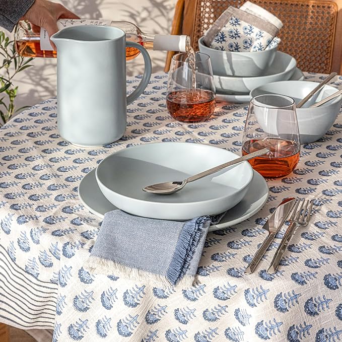 Over&Back Hand-Screened Tablecloth - Dining Table Cover - Each Tablecloth is Unique - 100% Cotton - Machine Washable - Kitchen and Home Decor - Blue Flower - 70x90