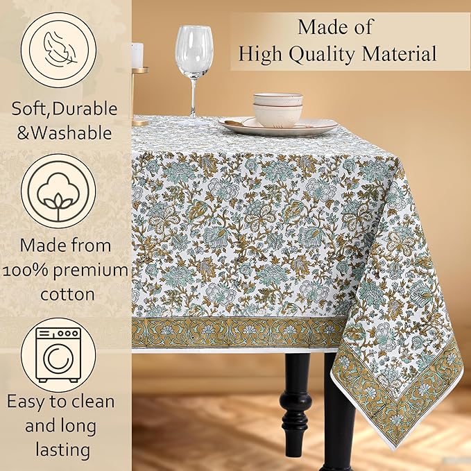 CPC Tablecloth 100% Cotton 72x140 Inch Indian Block Print Rectangle Table Cover, Blue Table Cloth for Weddings, Spring/Summer, Barbeque - Harvest Bloom