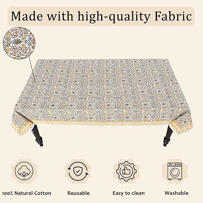 Goldenrod Yellow, Fern Green and Peanut Brown Indian Hand Block Printed 100% Pure Cotton Kitchen Tablecloth Home Decor Table Cloth Dinner Party Gift for Mother's day Her Mom Home Wedding 60x90 Inches