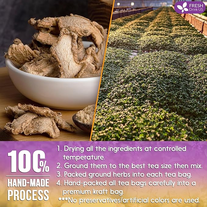 FreshDrinkUS, Premium 75 Ginger Tulsi Tea Bags, 100% Natural, Hand-made Blend of Ginger and Tulsi Holy Basil Leaves, Eco-conscious Tea Bags. Herbal Tea. No Sugar, No Caffeine, Vegan.