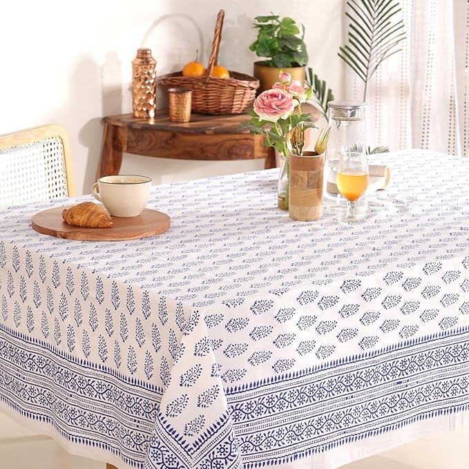 Hand Block Printed Table Cover - Exquisite Design, Premium Cotton Fabric, Perfect for Dining and Decor, Dining Table Linen (Blue Buti, 12 Seater 72 x 135 Inches Rectangle)