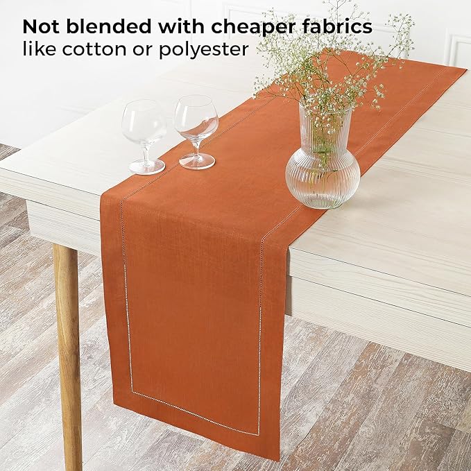 D'Moksha Homes Linen Rust Table Runner 90 Inches Long - Classic Hemstitch 100% Pure Linen Dining Table Runner 14 x 90 Inch for Spring, Easter