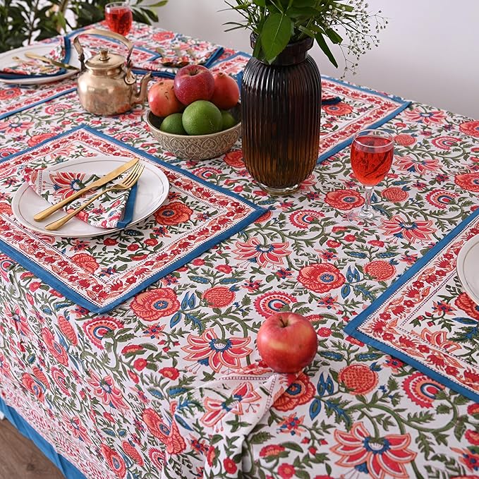 Hand Block Printed Cotton Tablecloth Elegant Floral Design Perfect for Dining Table Kitchen Parties Home Decor, Wall Tapestry (Peach Floral, 10 Seater 72 x 118 Inches Rectangle)