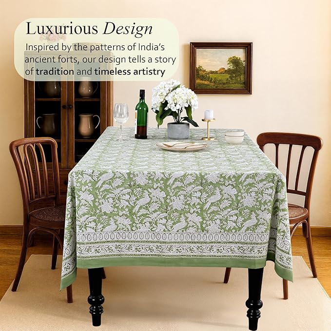 CPC Tablecloth 100% Cotton 60x90 Inch Indian Block Print Rectangle Table Cover, Washable Table Cloth for Weddings, Spring/Summer, Barbeque - Olive Green