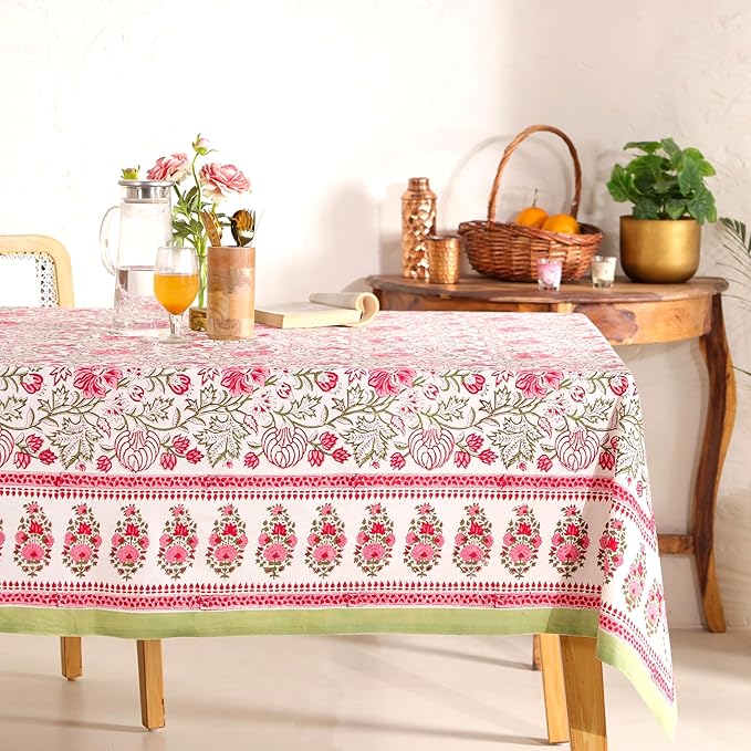 Hand Block Printed Table Cover - Exquisite Design, Premium Cotton Fabric, Perfect for Dining and Decor, Dining Table Linen (Peach Rose Bloom, 12 Seater 72 x 135 Inches Rectangle)