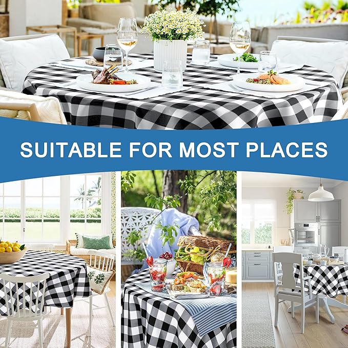 Hiasan Checkered Round Tablecloth 120 Inch - Waterproof Stain and Wrinkle Resistant Washable Fabric Table Cloth for Dining Room Party Outdoor Picnic, Black and White