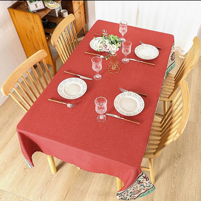 Dimatic Heavyweight Cotton Linen Square Tablecloth for Kitchen, Dining Table, Camping, Party Holiday Decoration Table Cover, Botanical Pattern Red 55 x 102 Inches
