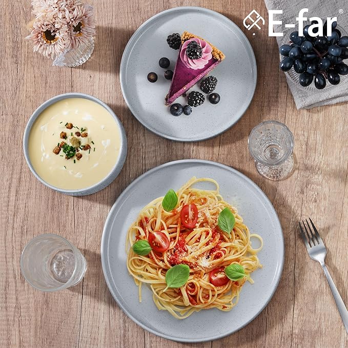 E-far Dinnerware Sets for 6, 18-Piece Stoneware Plates and Bowls Dish Set, Modern Kitchen Dinning Dishware, Chip and Scratch Resistant, Microwave & Dishwasher Safe, Speckled Gray