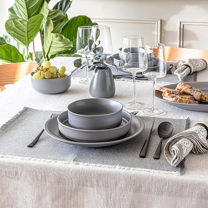 Over&Back 100%-Linen Woven Tablecloth - Colorful Dining Room Table Cover - Mitered Corner Hems - Machine Washable - Kitchen and Home Decor - Ivory - 70x90
