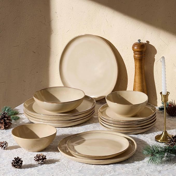 Herogo 12pcs Stoneware Dinnerware Sets for 4, Irregular Handmade Dinner Plates and Bowls, Kitchen Dining Dish Dishware Set, Microwave & Dishwasher Safe, Cream Khaki