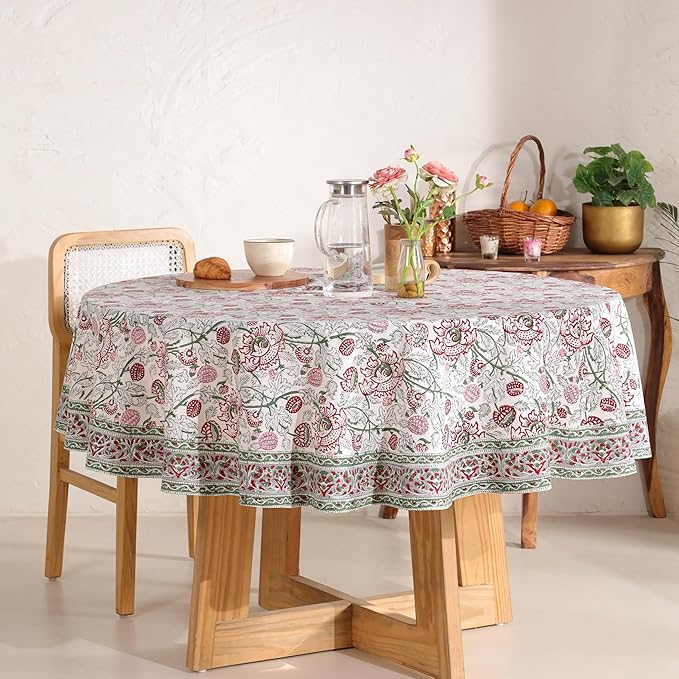 Hand Block Printed Table Cover - Exquisite Design, Premium Cotton Fabric, Perfect for Dining and Decor, Dining Table Linen (Stone Green Blossom, 6 Seater 72 Inches Round)