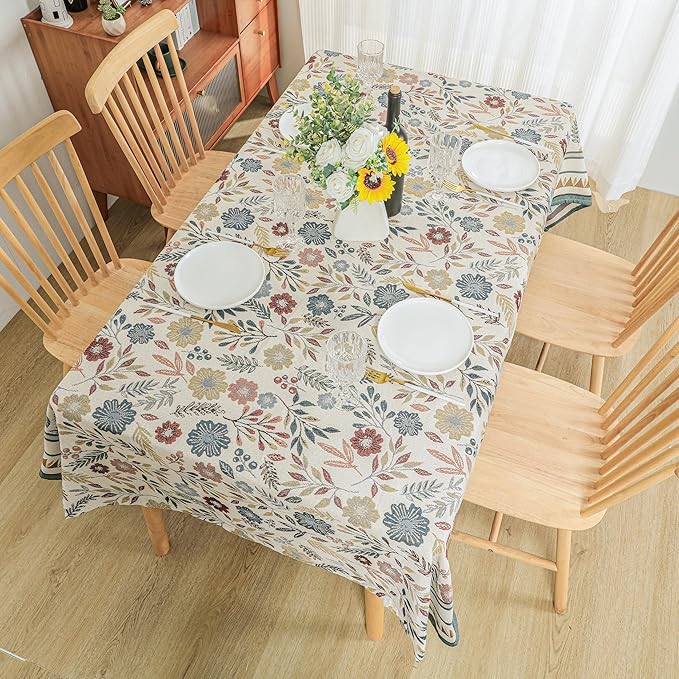Dimatic Cotton and Linen Rectangular Tablecloth for Kitchen Dining Table, Camping, Holiday Party Decor, Bluebell Pattern, 55 x 86 Inches