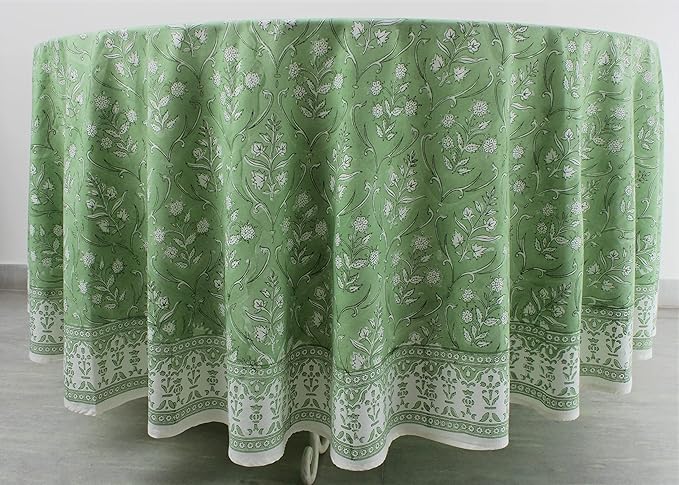 Ridhi Block Print Round Pear Green Reusable Tablecloth 100% Cotton 110" Inch Decorative Table Cover eveyday Dining, Home, Party, Wedding, Farmhouse Gift for Spring, Easter, Valentine