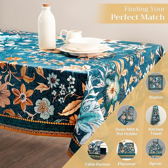 Maison d' Hermine Table Cloth Rectangle Table 100% Cotton 70 x 140 Inches Fall Tablecloth Reusable Everyday Use for Thanksgiving Christmas Decorations Dining Farmhouse Party (Luxury Loft - Dark Teal)